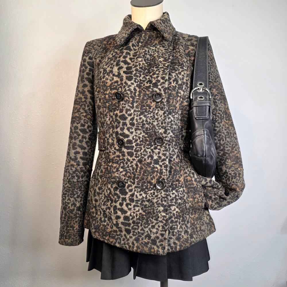 Leopard Print Wool Blend Peacoat Double Breasted Y2K Jacket Old Money Preppy  6